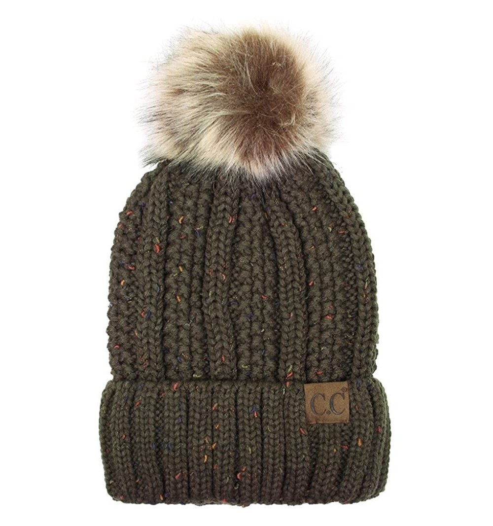 Skullies & Beanies Exclusive Knitted Hat with Fuzzy Lining with Pom Pom - Confetti New Olive - CG18G2ZHX6E $13.56
