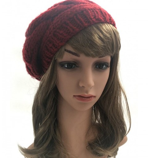 Berets Womens Girls Winter Knitted Hat Wool Beret Pompom Hat Slouchy Beanie with Real Fox Fur Ball Ski Cap - Burgundy - CJ185...