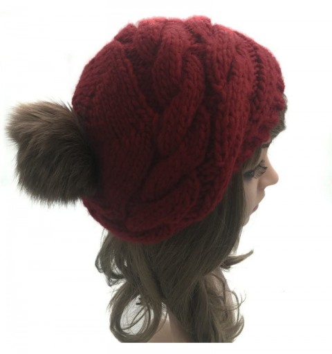 Berets Womens Girls Winter Knitted Hat Wool Beret Pompom Hat Slouchy Beanie with Real Fox Fur Ball Ski Cap - Burgundy - CJ185...