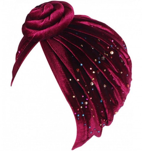 Skullies & Beanies Shiny Turban Hat Headwraps Twist Pleated Hair Wrap Stretch Turban - Wine Red Velvet - CK18ARMI69D $12.00