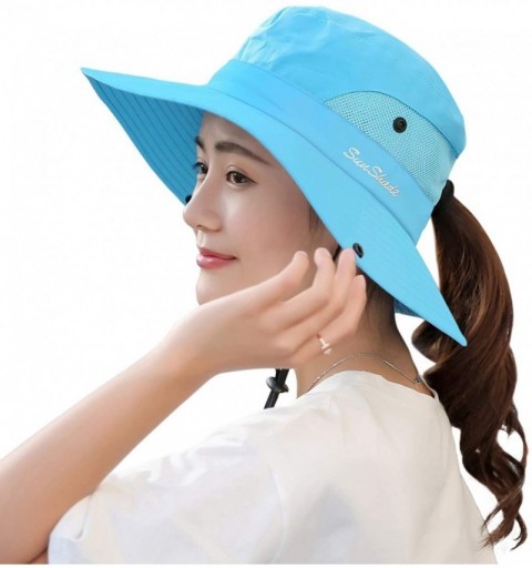 Sun Hats Women's Summer Mesh Wide Brim Sun UV Protection Hat with Ponytail Hole - Pure Sky Blue - C018S6IM3YQ $15.90