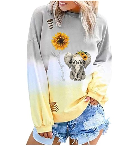 Skullies & Beanies Women's Elephant Sunflower Printed Gradual Long Sleeve Round Neck Shirt Top Blouses Pullover Sweatshirt T-...