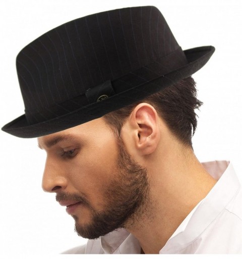 Fedoras Men's Fancy Striped Suit Fabric Derby Fedora Stingy Curled Brim Hat - Navy - CS187WOZLY0 $23.00
