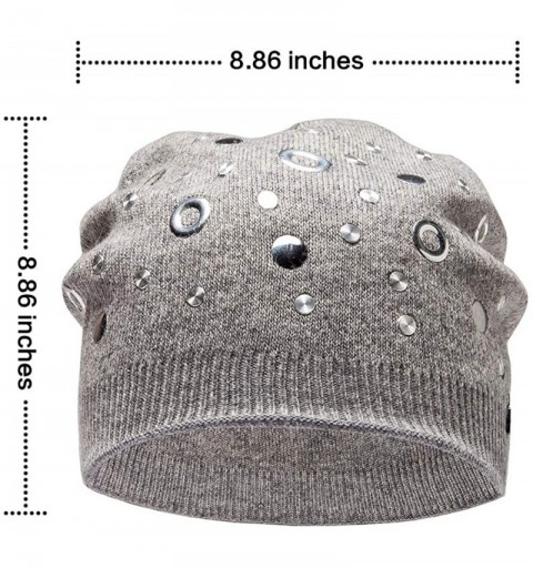 Skullies & Beanies Wool Slouchy Beanie Hat for Women Double Layers Skull Caps Rivets Curly Backside - Light Grey - CZ187LK969...