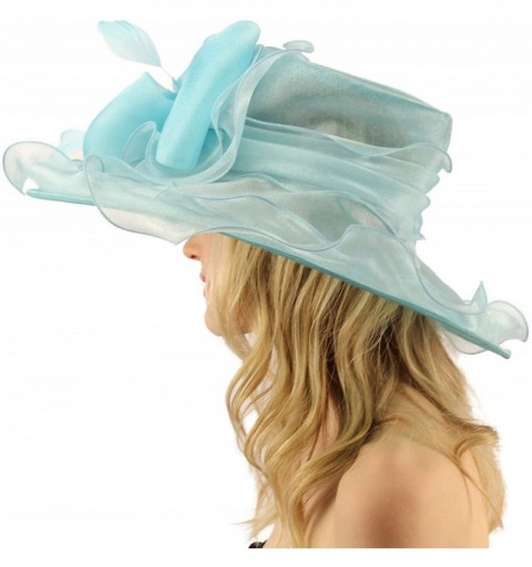 Sun Hats Superb Ruffle Edges Floral Feathers Organza Derby Floppy Wide 6" Dress Hat - Aqua - C117WXS6IZT $39.32