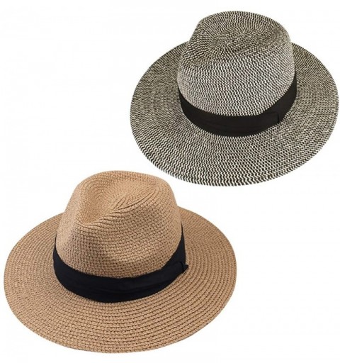 Sun Hats Panama Hat Sun Hats for Women Men Wide Brim Fedora Straw Beach Hat UV UPF 50 - Z-2 Pcs Brown/Black Beige - CP18NU6DX...