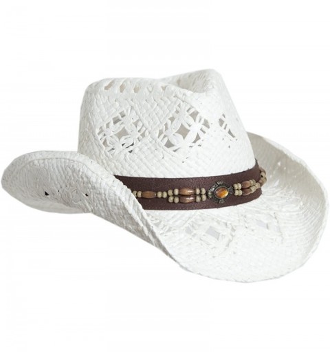 Cowboy Hats Straw Cowboy Hat W/Vegan Leather Band & Beads- Shapeable Brim- Beach Cowgirl - White - CH11UYA74HT $50.11