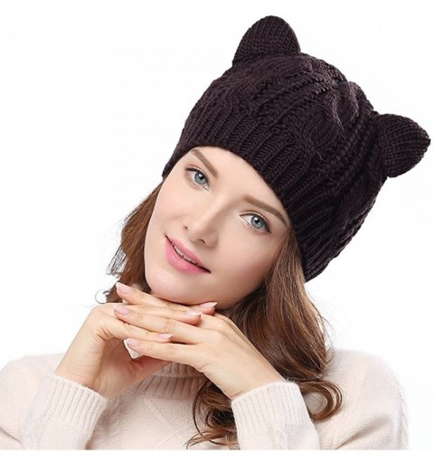 Skullies & Beanies Women's Hat Cat Ear Crochet Braided Knit Caps with Punk 3D Cat Stud Earring - Cat Ear Hat_coffee - CO11HCU...