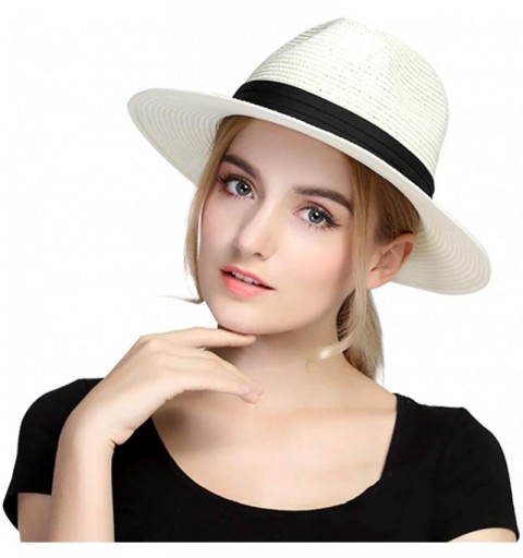 Sun Hats Women Wide Brim Straw Panama Roll up Hat Beach Sun Hat - White - CH194EK4U8I $30.78
