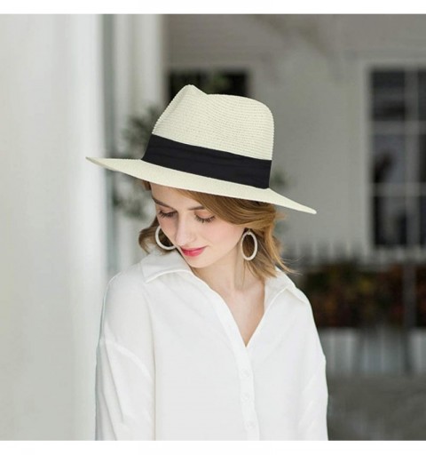 Sun Hats Women Wide Brim Straw Panama Roll up Hat Beach Sun Hat - White - CH194EK4U8I $11.87