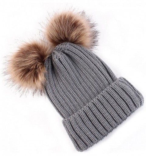 Berets Women Fashion Double Pom Pom Ball Knit Crochet Winter Warm Beanie Cap Ski Beret Hat - Beige - CH18NA35T6H $13.34