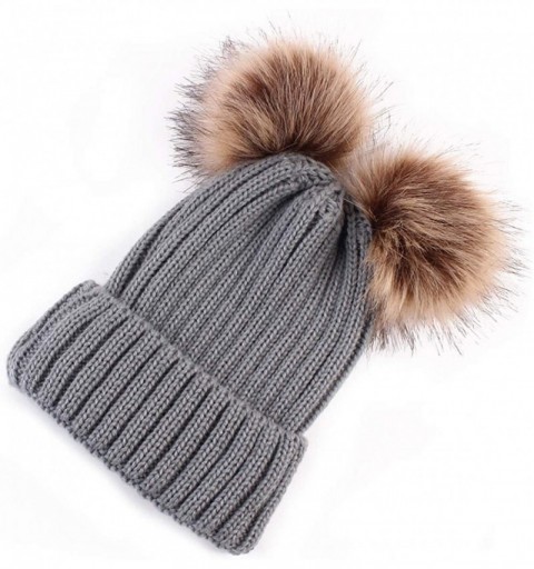 Berets Women Fashion Double Pom Pom Ball Knit Crochet Winter Warm Beanie Cap Ski Beret Hat - Beige - CH18NA35T6H $13.34