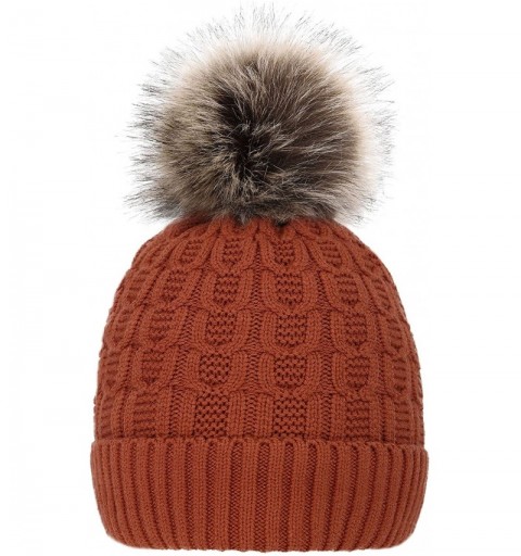 Skullies & Beanies Men & Women's Luxurious Faux Fur Pompom Thick Cable Cap Knit Skull Ski Cap Winter Beanie Hat - Burnt Orang...