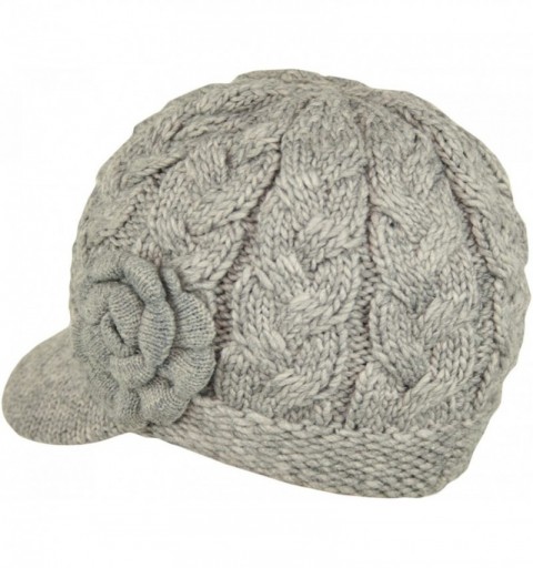 Skullies & Beanies Women's Cable Knitted Double Layer Visor Beanie Hats with Hair Tie - Floral Grey - CK1297IXA7B $23.29