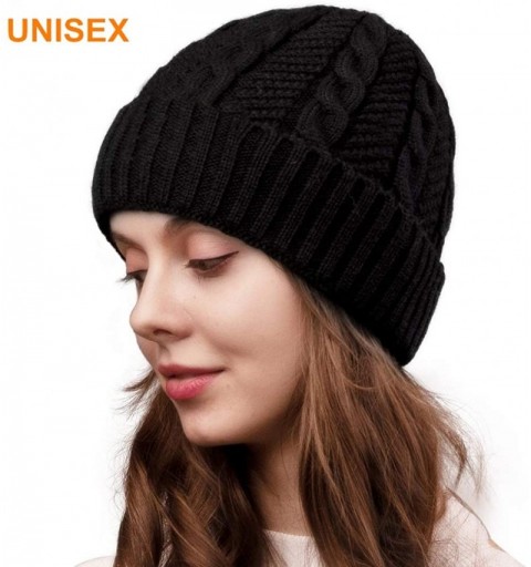 Skullies & Beanies Beanie Hat for Men Women Cuffed Winter Hats Cable Knit Warm Fleece Lining Skull Cap - Black - CU18HZG6N9W ...
