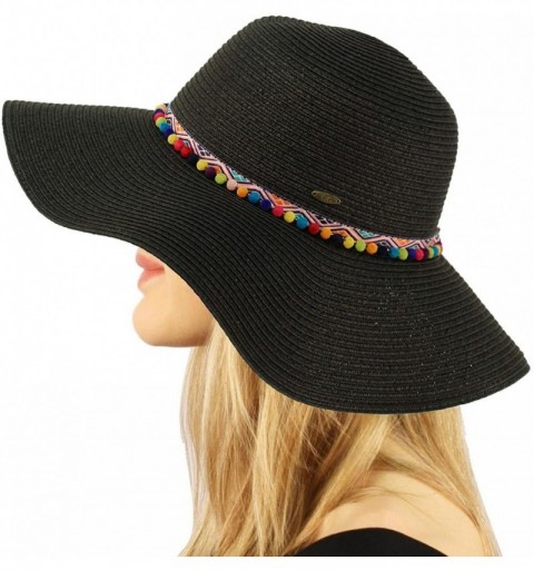 Sun Hats Tiny Pom Pom Hatband Floppy Wide Brim 4" Summer Beach Pool Sun Hat - Black - CH18D57IGYS $17.04