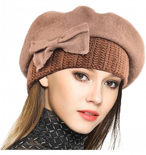 Berets Lady French Beret 100% Wool Beret Floral Dress Beanie Winter Hat - Bow-camel - C412O3K6MWD $18.85
