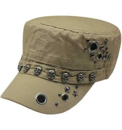 Baseball Caps Unisex Skull/Skeleton Studded Punk-Army-Cap Cool Flat Cap - Khaki - CF18NMAG7E4 $15.48