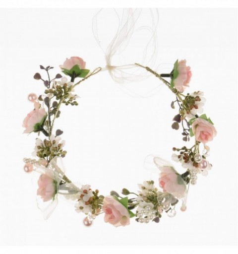 Headbands Adjustable Bridal Flower Garland Headband Flower Crown Hair Wreath Halo Boho Bridal Flower Wreath (Pink) - Pink - C...