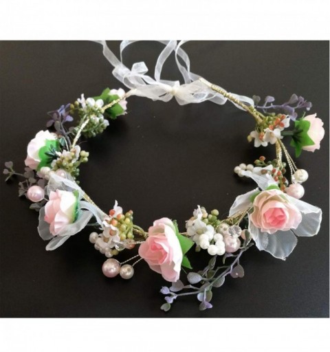 Headbands Adjustable Bridal Flower Garland Headband Flower Crown Hair Wreath Halo Boho Bridal Flower Wreath (Pink) - Pink - C...