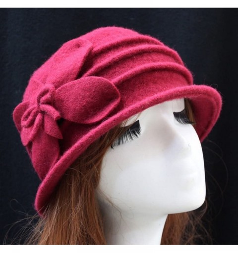 Fedoras Women 100% Wool Solid Color Round Top Cloche Beret Cap Flower Fedora Hat - 2 Red - CN186WYL262 $16.18