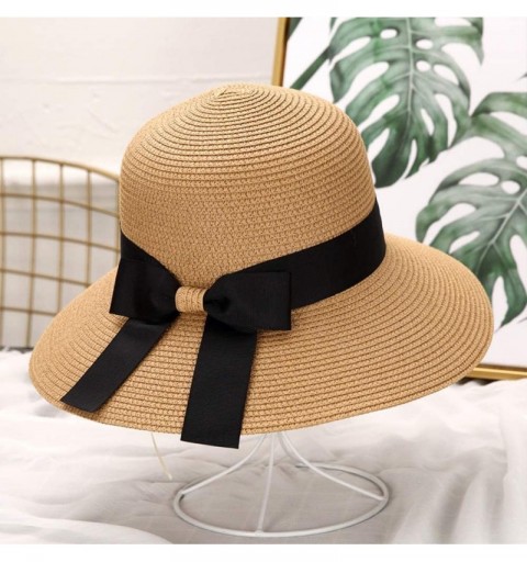 Sun Hats The New Womens Straw Hat Floppy Foldable Roll up Beach Cap Sun Hat - Khaki Black Belt - CW194IZ4W84 $14.49