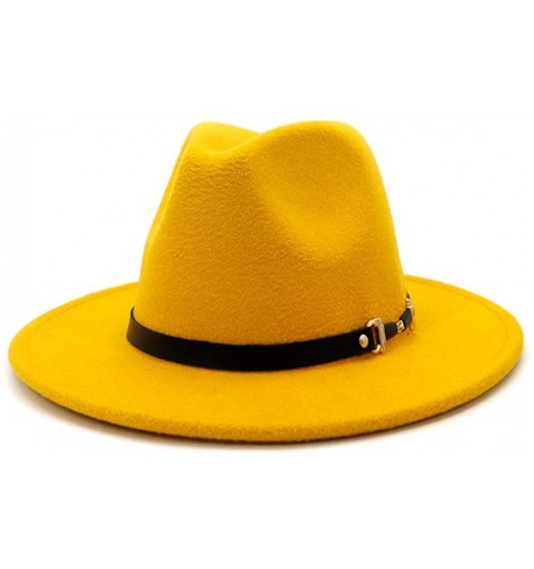 Fedoras Womens Wide Brim Felt Fedora Hat Ladies Panama Hat with Belt Buckle - Yellow - C2198UT2MQ0 $14.74