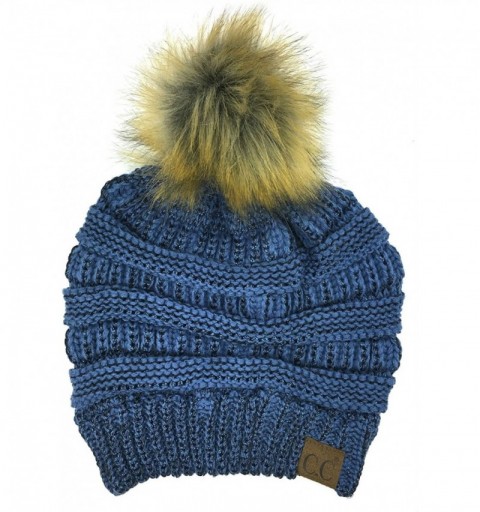 Skullies & Beanies Soft Stretch Cable Knit Ribbed Faux Fur Pom Pom Beanie Hat - Denim-metallic - CA1882TNDRA $12.12