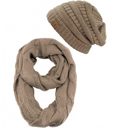 Skullies & Beanies Unisex Soft Stretch Chunky Cable Knit Beanie and Infinity Loop Scarf Set - Taupe - C418KXHSL2T $22.20