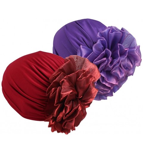 Skullies & Beanies Women Big Flower Elastic Beanie Head Wrap Chemo Cap Hat - Purple&wine Red - CI18DZZMATQ $16.66