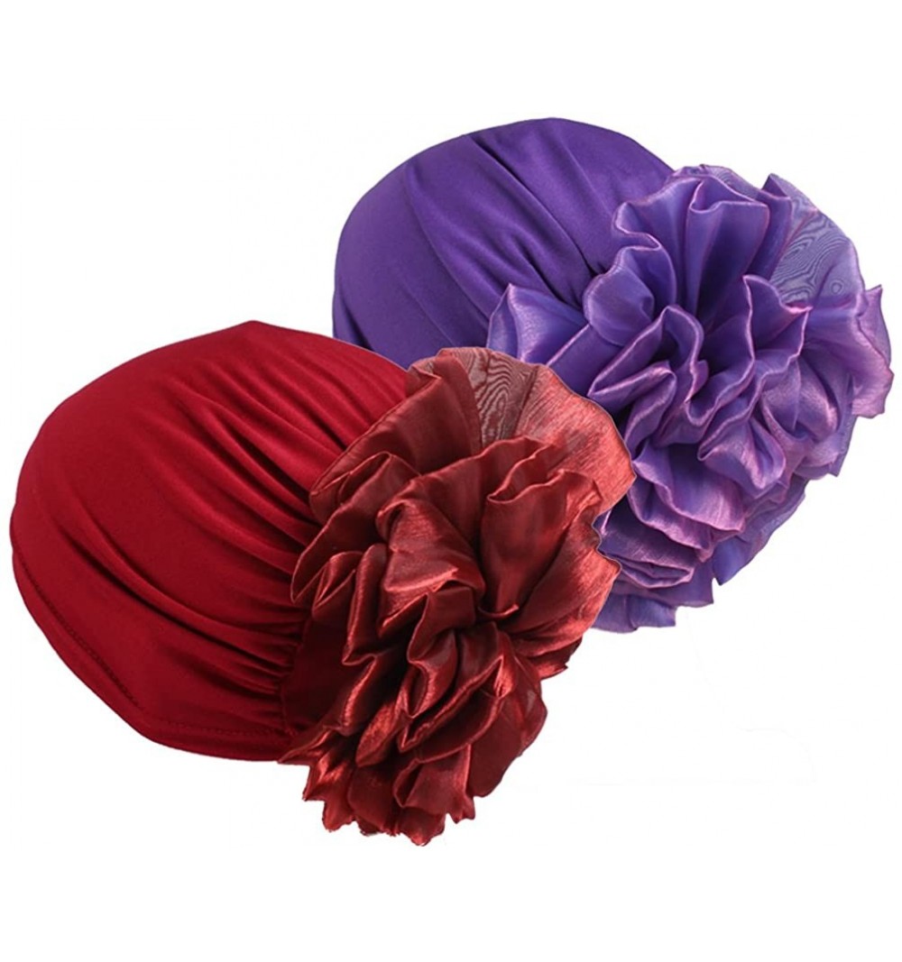 Skullies & Beanies Women Big Flower Elastic Beanie Head Wrap Chemo Cap Hat - Purple&wine Red - CI18DZZMATQ $16.66
