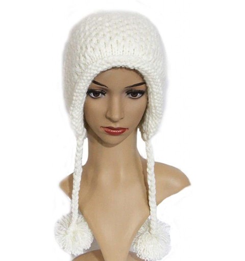 Skullies & Beanies Women Hat Handmade Crochet Braided Pompom Beanie Knit Caps Warm Winter - White - C4189X5HT6X $12.47