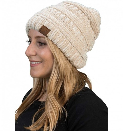 Skullies & Beanies Solid Ribbed Beanie Slouchy Soft Stretch Cable Knit Warm Skull Cap - A Chenille Beige - CF18EQXWGEX $11.61