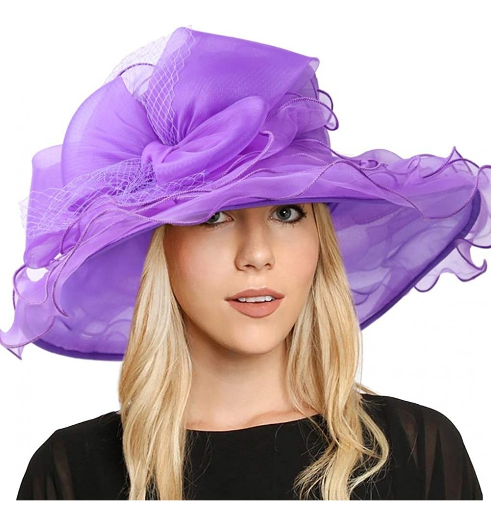 Sun Hats Women Kentucky Derby Church Dress Organza Hat Wide Brim Flat Hat S601 - S601-purple - CJ18N966ZET $20.87