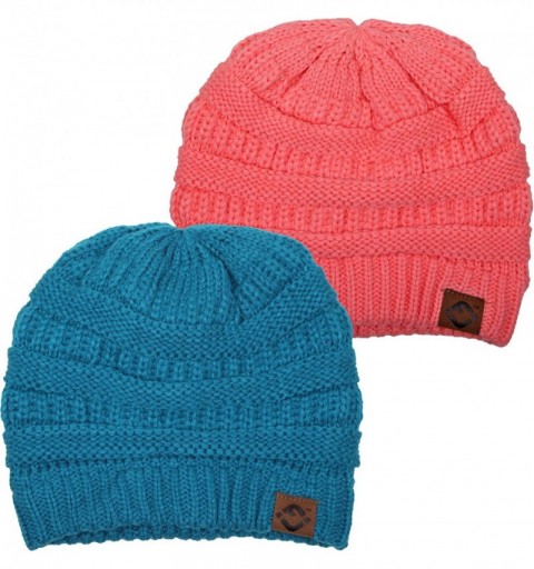Skullies & Beanies FJ Knit Cap Women's/Men's Winter Hat Soft Slightly Slouchy Beanie - 2 Pack - Teal & Coral - C718MHGZ28U $2...