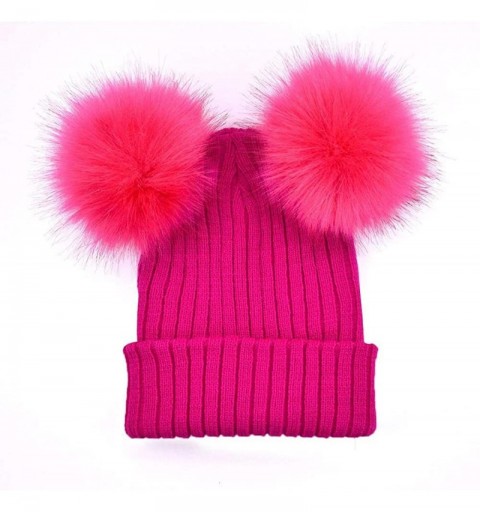 Skullies & Beanies Women Winter Warm Adorable Hats Crochet Knit Hairball Beanie Cap with Faux Fur Pompom - Hot Pink - CP18L9S...