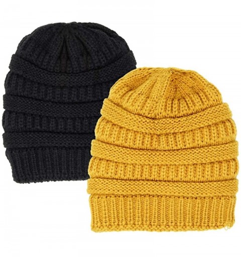 Skullies & Beanies Me Plus Winter Fleece Lined Soft Warm Cable Knitted Beanie Hat for Women & Men - Black & Mustard - C518KIE...