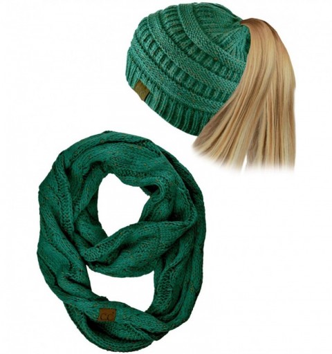 Skullies & Beanies Colorful Confetti BeanieTail Messy High Bun Cable Knit Beanie and Infinity Loop Scarf Set - Sea Green - C9...
