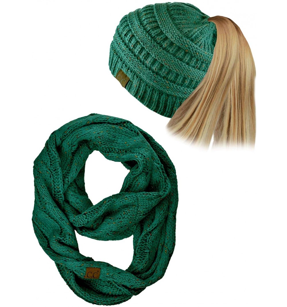 Skullies & Beanies Colorful Confetti BeanieTail Messy High Bun Cable Knit Beanie and Infinity Loop Scarf Set - Sea Green - C9...