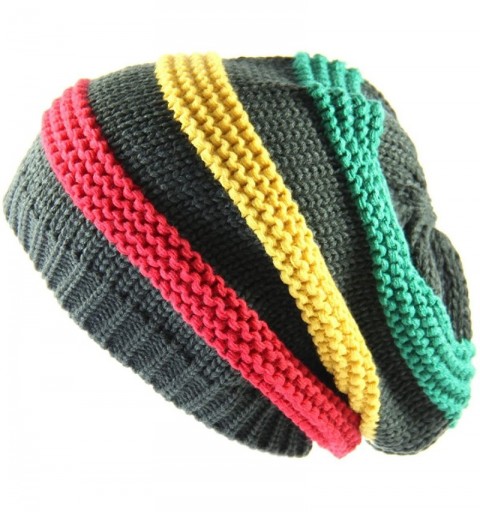 Skullies & Beanies Ponytail Ribbed Stretch Slouchy Beanie Hat - Olive Green/Rasta - CO185CG3IN6 $14.04