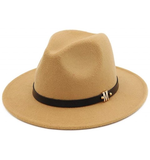 Fedoras Men's Woolen Wide Brim Fedora Hats Classic Vintage Fashion Trilby Hat Jazz Cap with Black Leather Belt - Camel - C618...