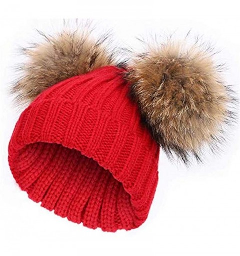 Skullies & Beanies Winter Knit Crochet Beanie Raccoon Fur Double Pom Pom Ball Bobble Hat Crochet Ski Cap - Red - CI186NOG9MI ...