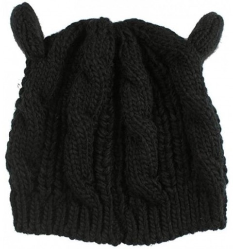 Berets Women Winter Wool Baggy Beret Beanie Cute Devil Cat Ear Crochet Braided Knit Hat Ski Cap - Black - CO12L55UU3H $11.86