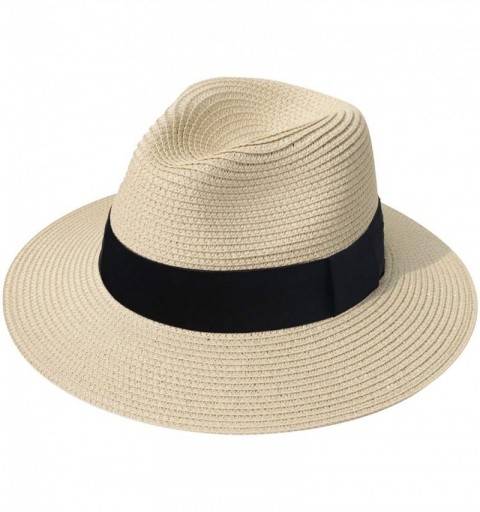 Sun Hats Women Straw Panama Hat Fedora Beach Sun Hat Wide Brim Straw Roll up Hat UPF 30+ - Fedora a Beige - CJ18NOTHLDG $31.77