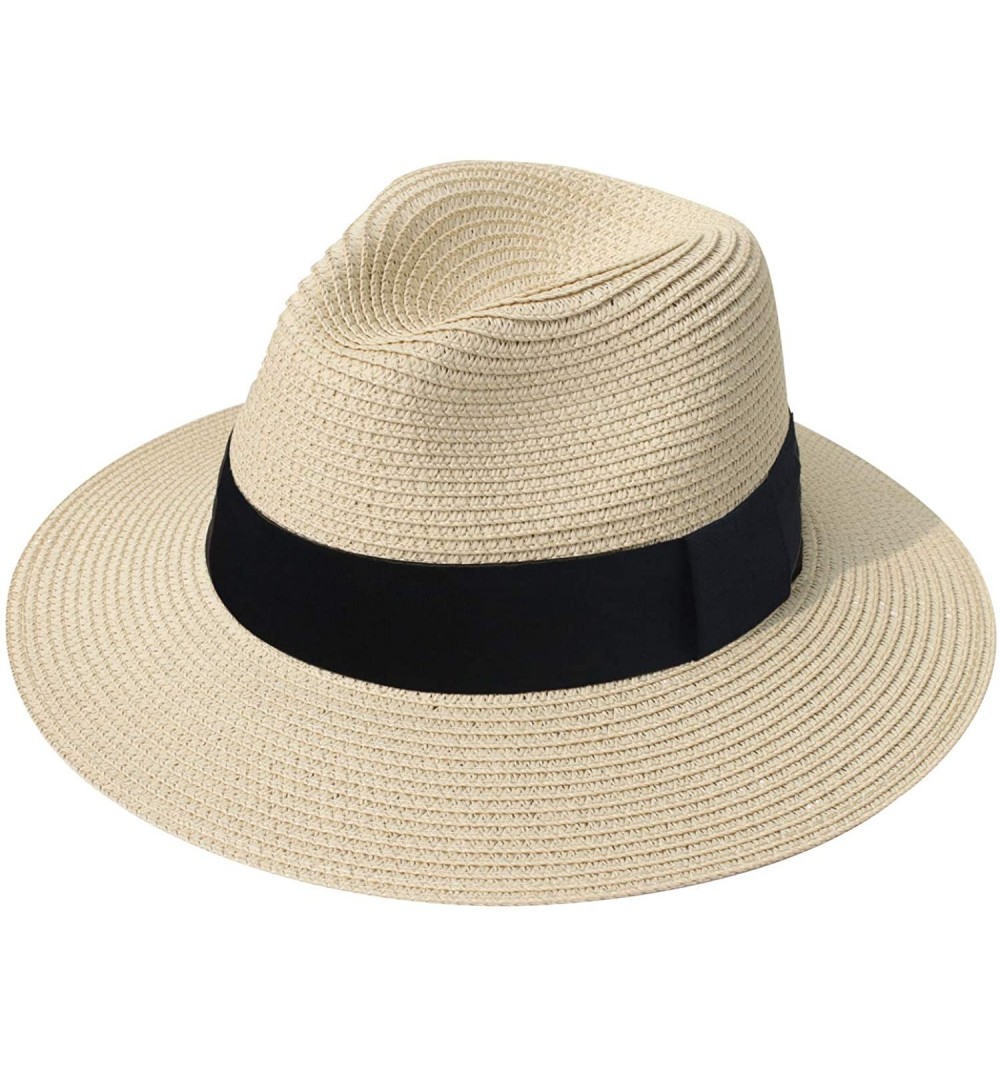 Sun Hats Women Straw Panama Hat Fedora Beach Sun Hat Wide Brim Straw Roll up Hat UPF 30+ - Fedora a Beige - CJ18NOTHLDG $14.58
