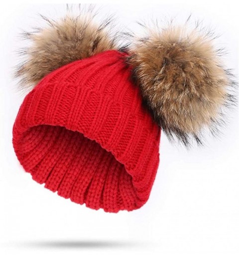 Skullies & Beanies Winter Knit Crochet Beanie Raccoon Fur Double Pom Pom Ball Bobble Hat Crochet Ski Cap - Red - CI186NOG9MI ...