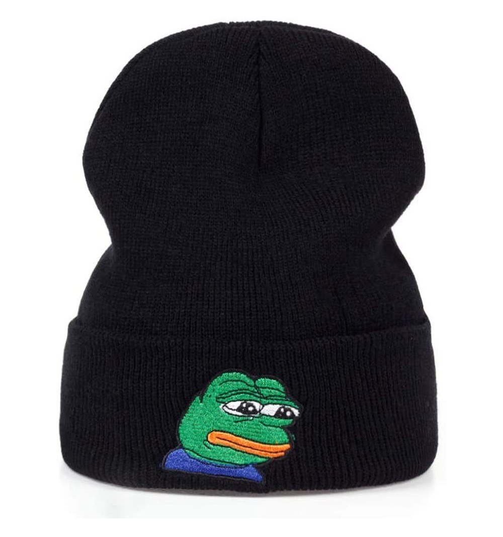 Skullies & Beanies Beanie Hat Sad Frog Embroidery Pepe Hip Hop Winter Keep Warm Knitted Hat - Black - CW18KNNYTLG $20.76