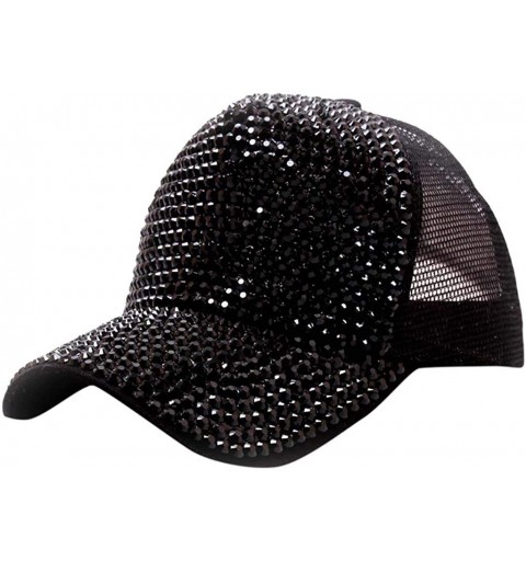 Baseball Caps Unisex Net Hat Rhinestone Baseball Cap Diamond Hat Mesh Breathable Cap Point Drill Hat - Black - CQ18UY899G7 $1...