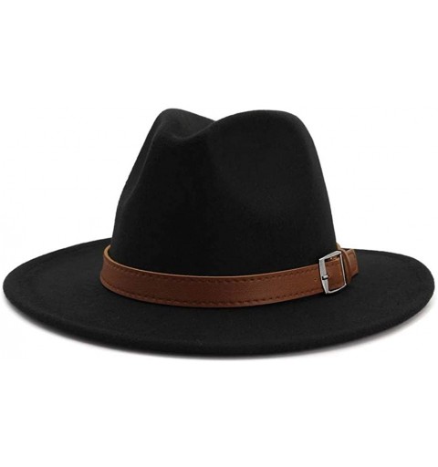 Fedoras Classic Men & Women Wide Brim Fedora Panama Hat with Belt Buckle - Black - C718W3ZOKAQ $30.52