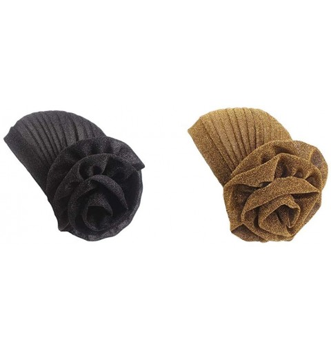 Skullies & Beanies Luxury Stretchable Glitter Flower Chemo Beanie Hair Loss Turban - Black +Gold - CR18SZMH937 $15.43
